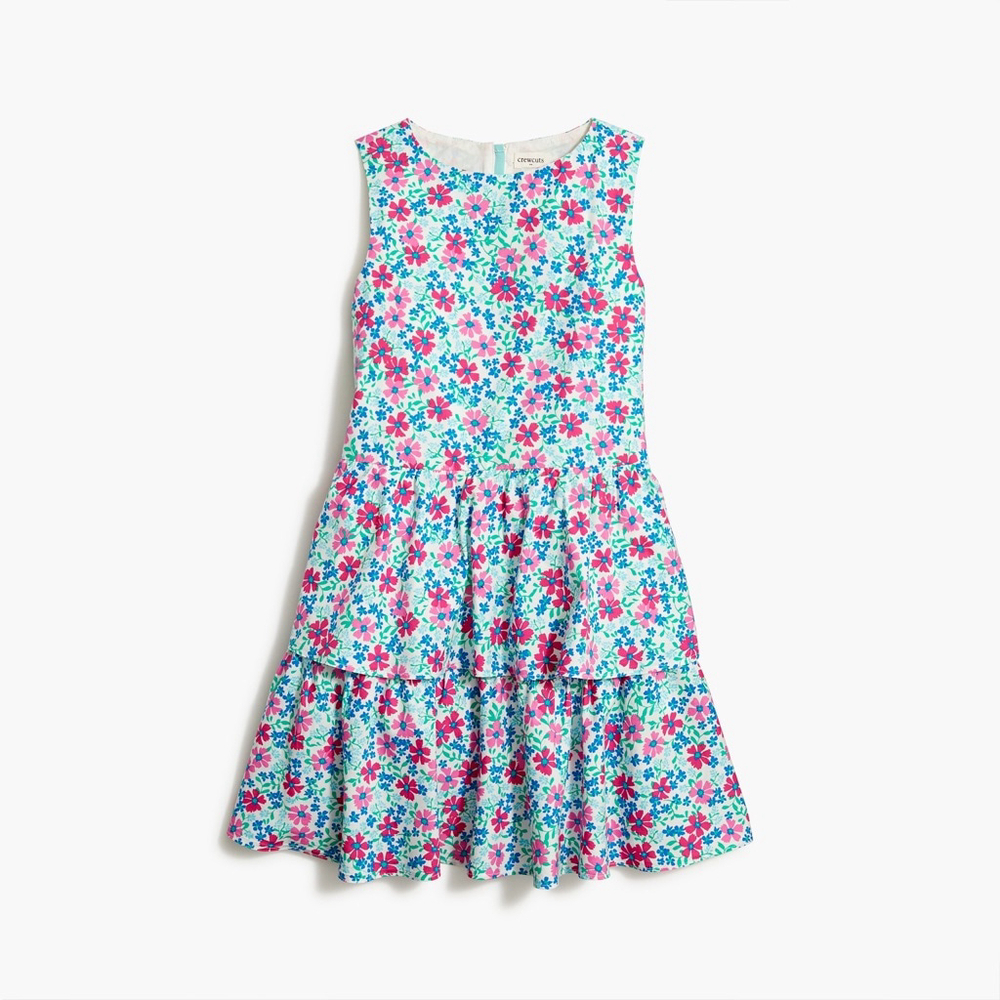 Crewcuts Floral Print Tiered Dress Size 4 White Pink Blue
